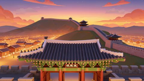 엔딩 야경 ② — 처마 부감 (채색화 스타일)